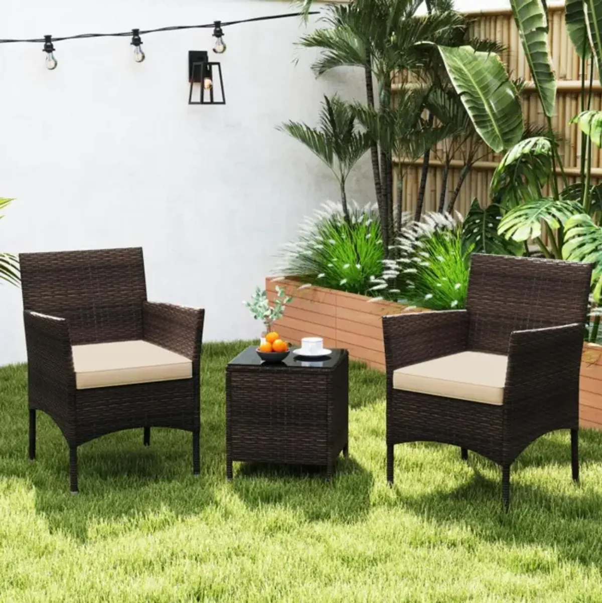 Hivvago 3 Pieces Outdoor Conversation Set with Cushioned Seat and Glass Tabletop