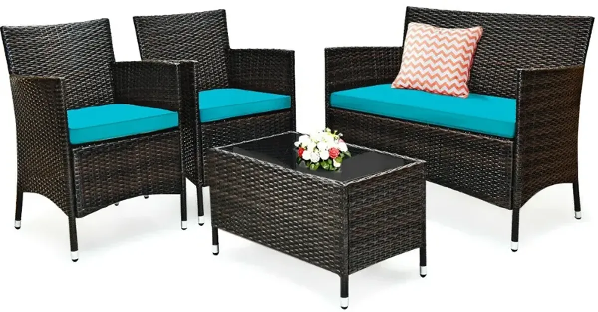 4 Pieces Comfortable Outdoor Rattan Sofa Set with Glass Coffee Table