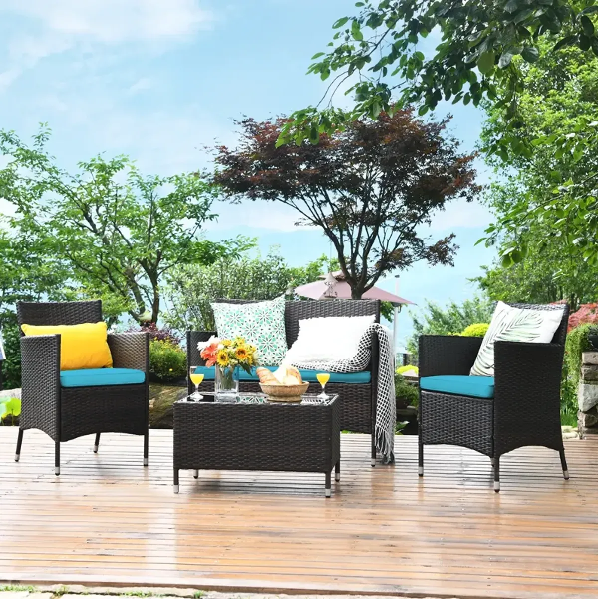 4 Pieces Comfortable Outdoor Rattan Sofa Set with Glass Coffee Table