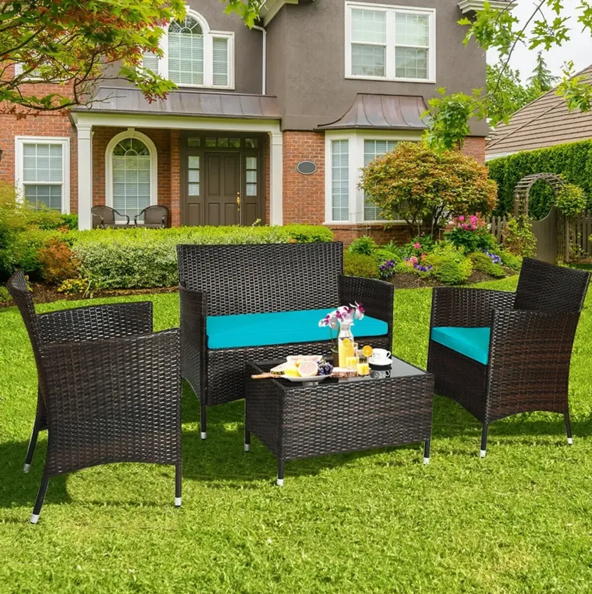 4 Pieces Comfortable Outdoor Rattan Sofa Set with Glass Coffee Table