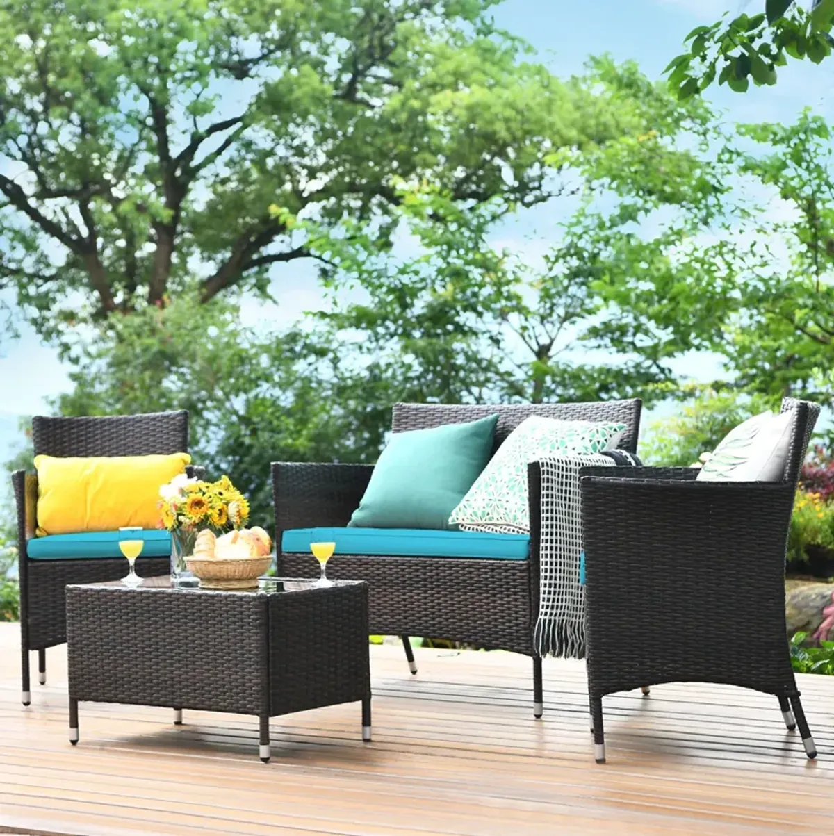 4 Pieces Comfortable Outdoor Rattan Sofa Set with Glass Coffee Table