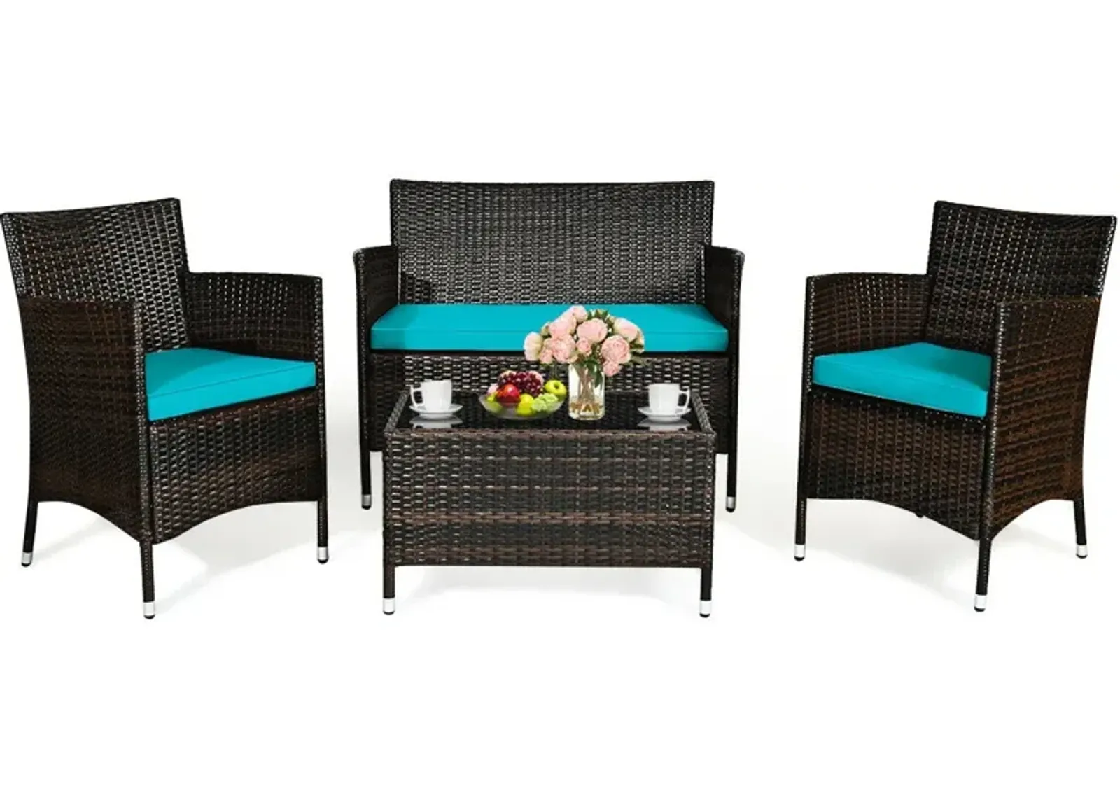 4 Pieces Comfortable Outdoor Rattan Sofa Set with Glass Coffee Table