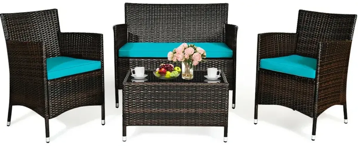 4 Pieces Comfortable Outdoor Rattan Sofa Set with Glass Coffee Table