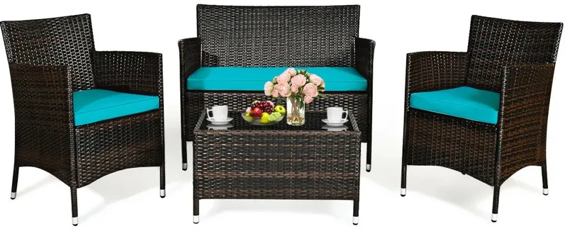 4 Pieces Comfortable Outdoor Rattan Sofa Set with Glass Coffee Table