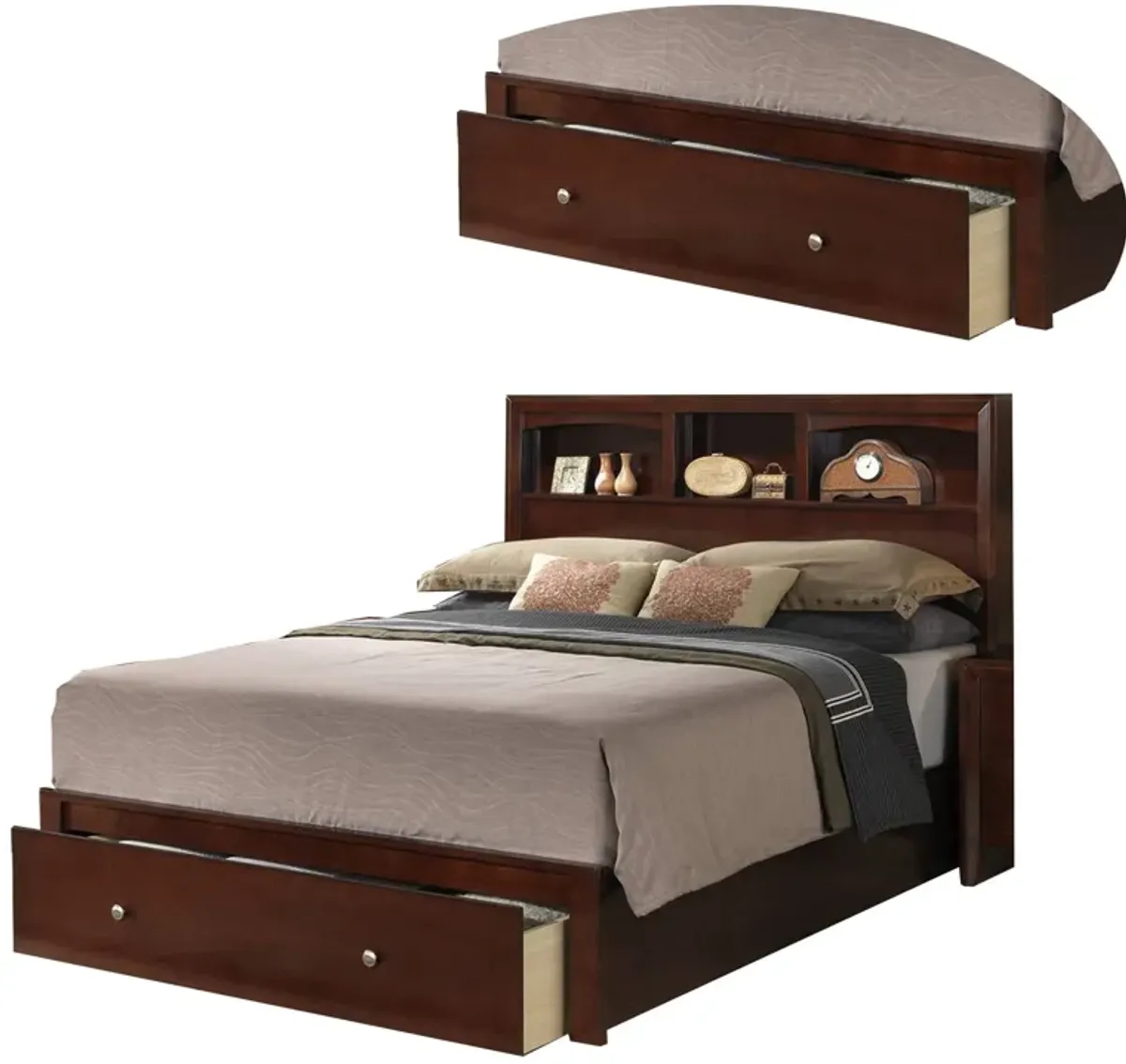 Queen Bed with Storage Footboard, Bookcase Headboard, Modern Cherry Brown-Benzara