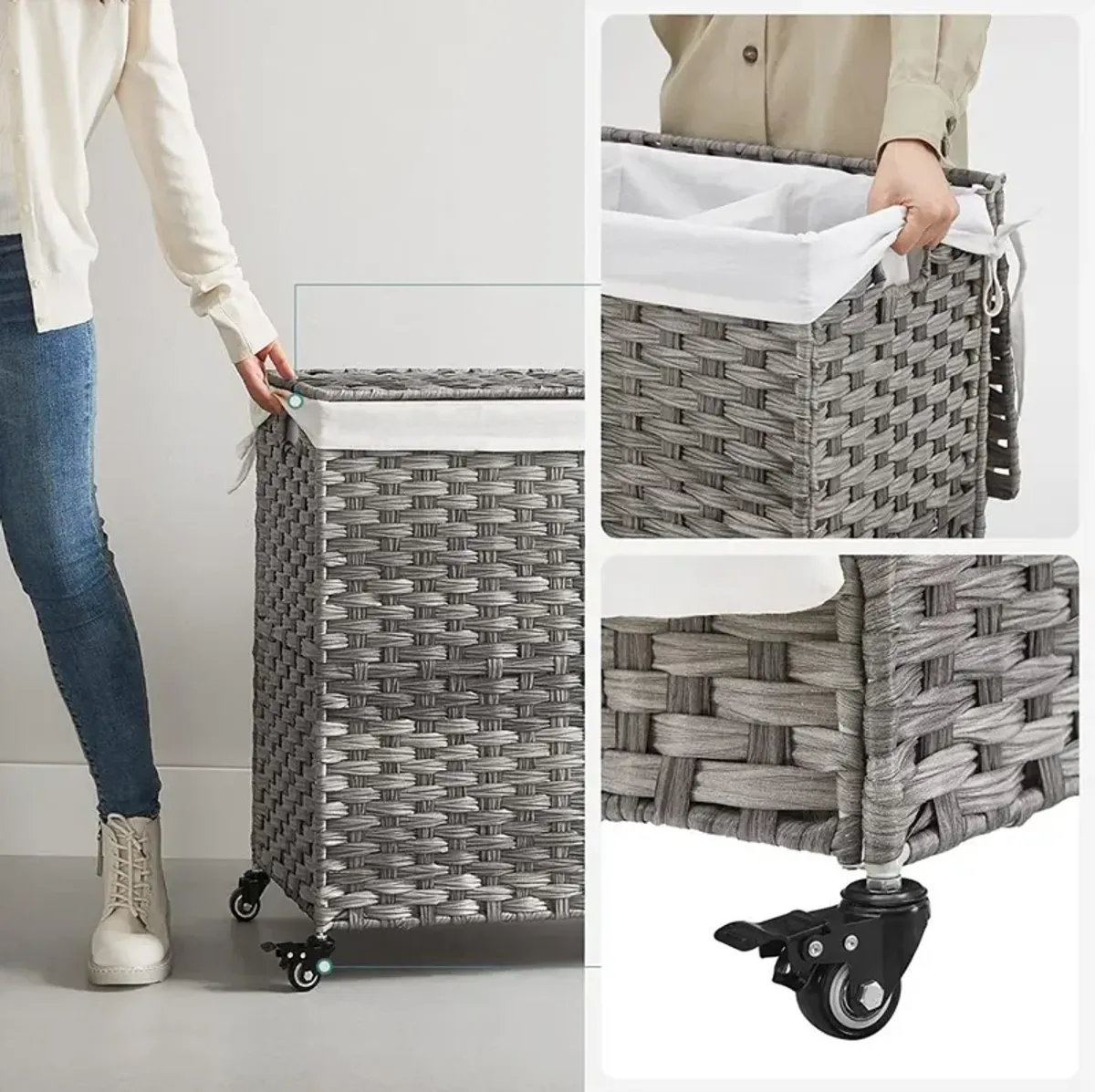 Gray Rattan-Style Laundry Basket, 140L with 3 Compartments, Lid, and Removable Liner