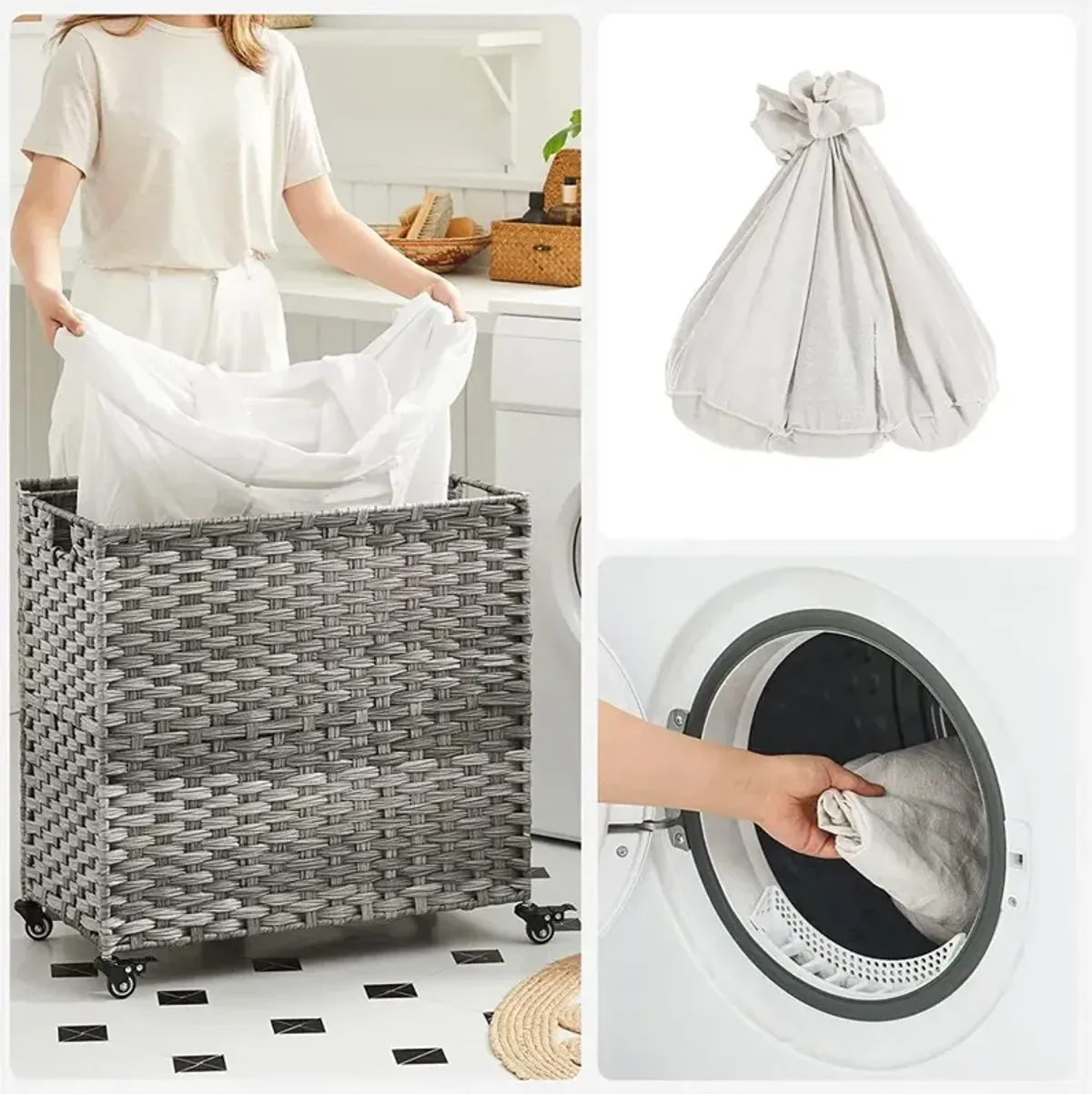 Gray Rattan-Style Laundry Basket, 140L with 3 Compartments, Lid, and Removable Liner