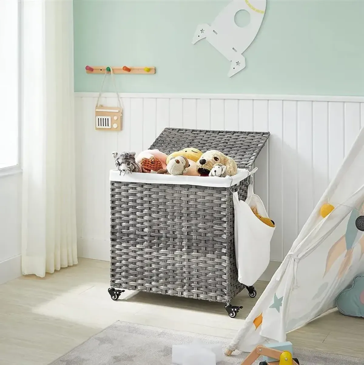 Gray Rattan-Style Laundry Basket, 140L with 3 Compartments, Lid, and Removable Liner