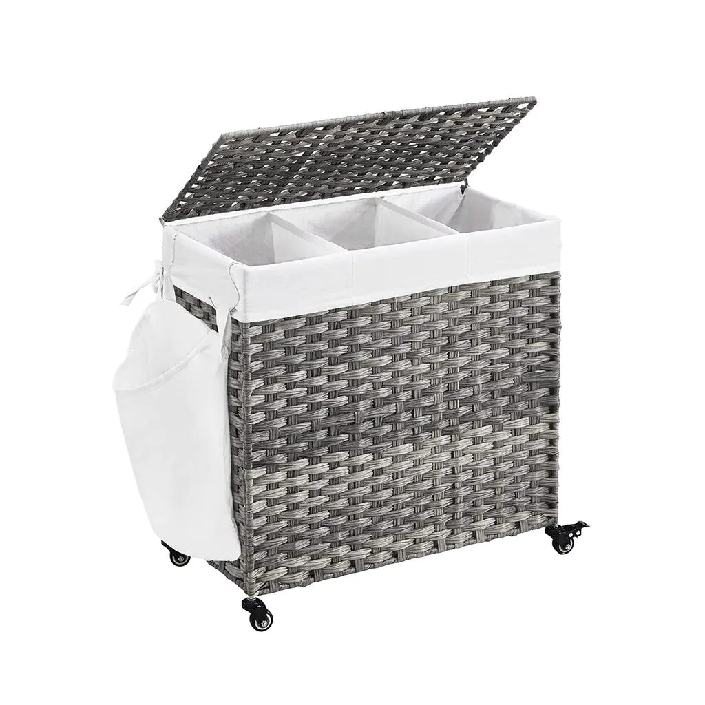 Gray Rattan-Style Laundry Basket, 140L with 3 Compartments, Lid, and Removable Liner