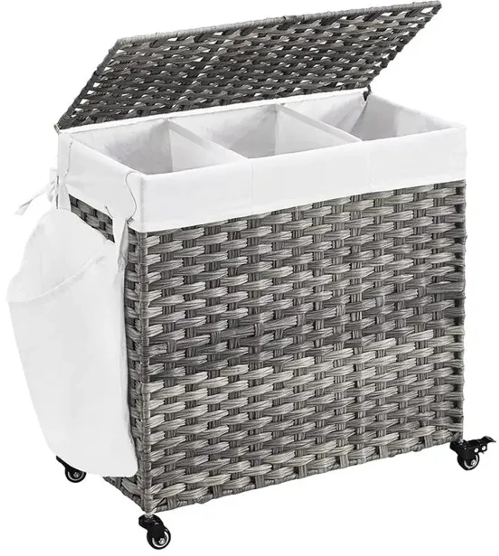 Gray Rattan-Style Laundry Basket, 140L with 3 Compartments, Lid, and Removable Liner