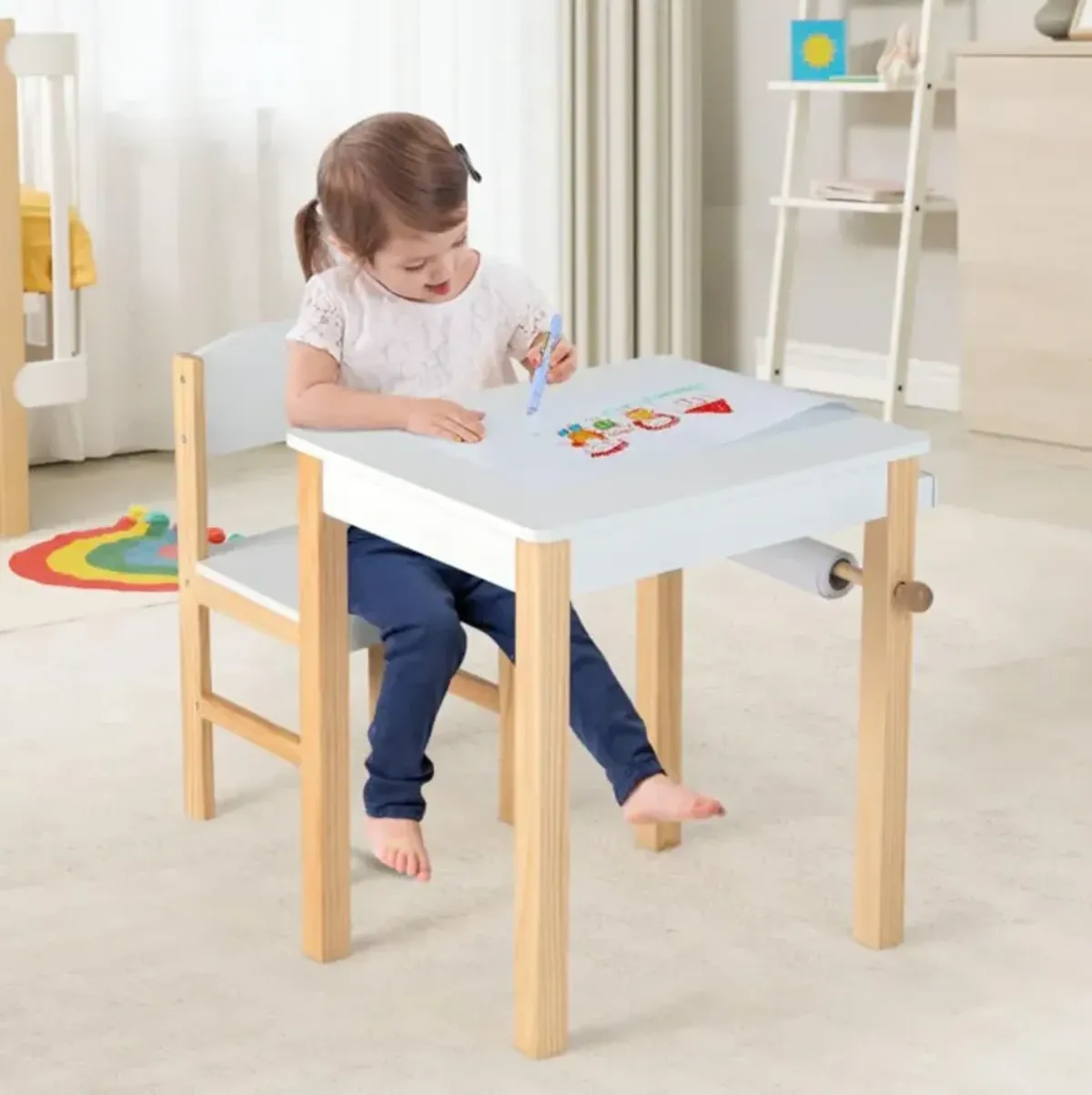 Hivvago Kids Art Table and Chair Set with Drawer Paper Roll and 2 Markers