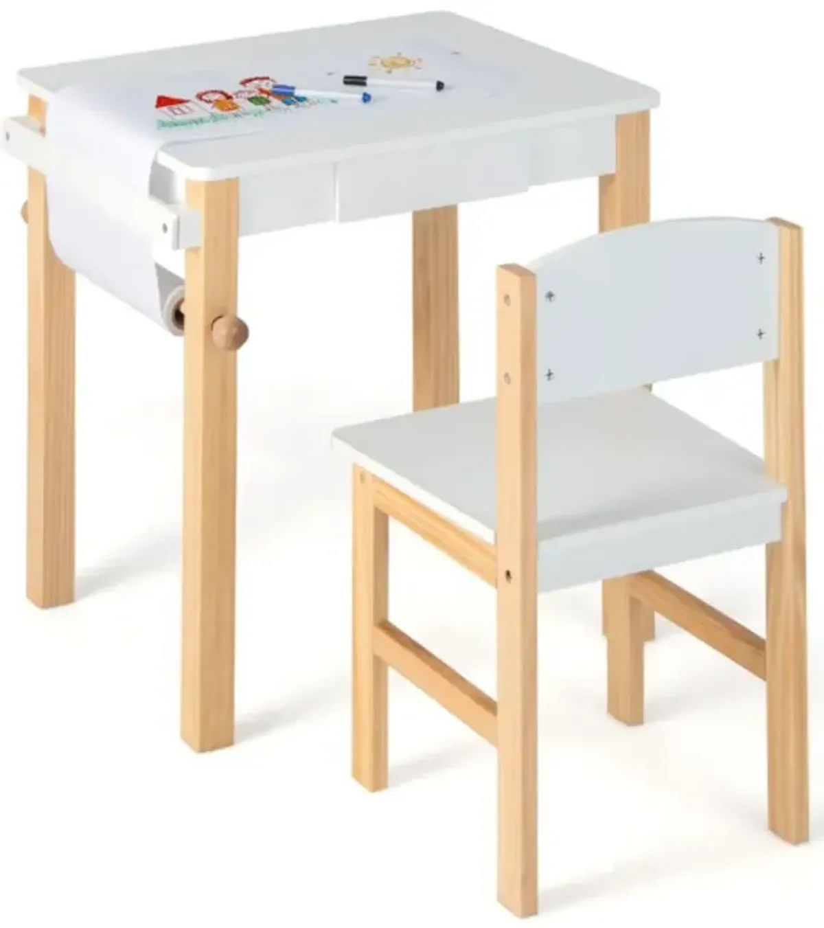 Hivvago Kids Art Table and Chair Set with Drawer Paper Roll and 2 Markers