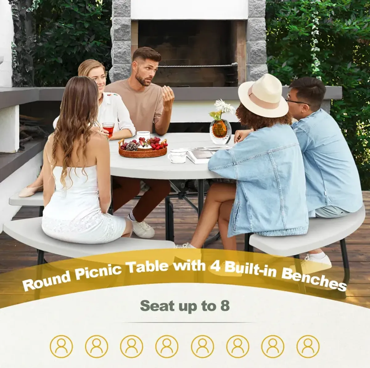 8-Person Outdoor Picnic Table and Bench Set with Umbrella Hole