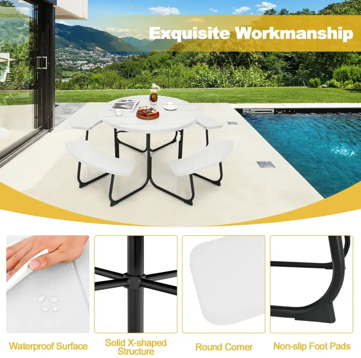 8-Person Outdoor Picnic Table and Bench Set with Umbrella Hole