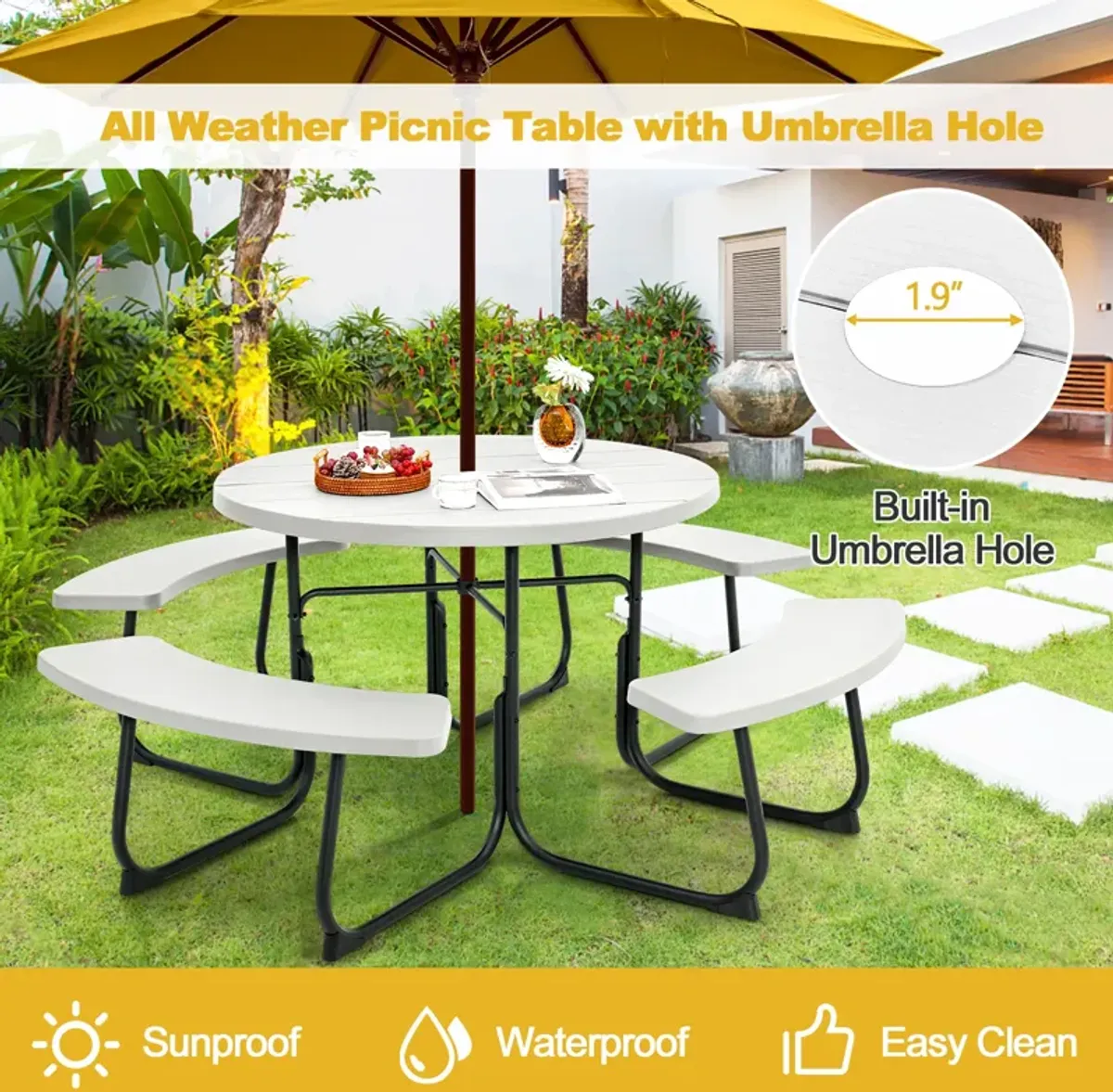 8-Person Outdoor Picnic Table and Bench Set with Umbrella Hole