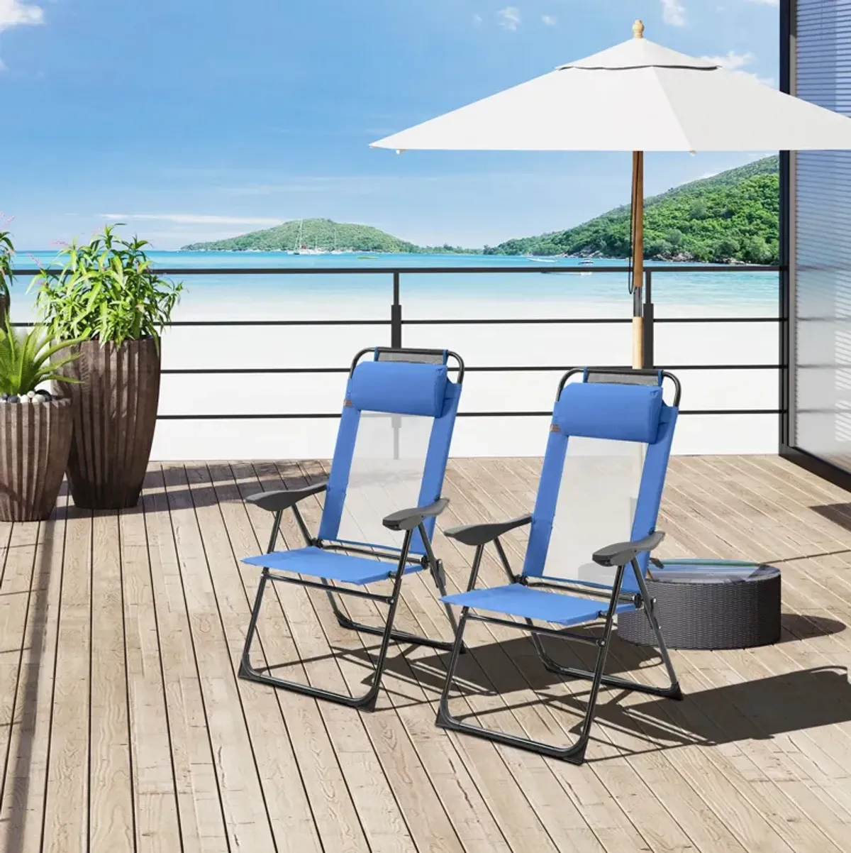 Blue Outdoor Seating: Set of 2 Portable Folding Recliner Loungers