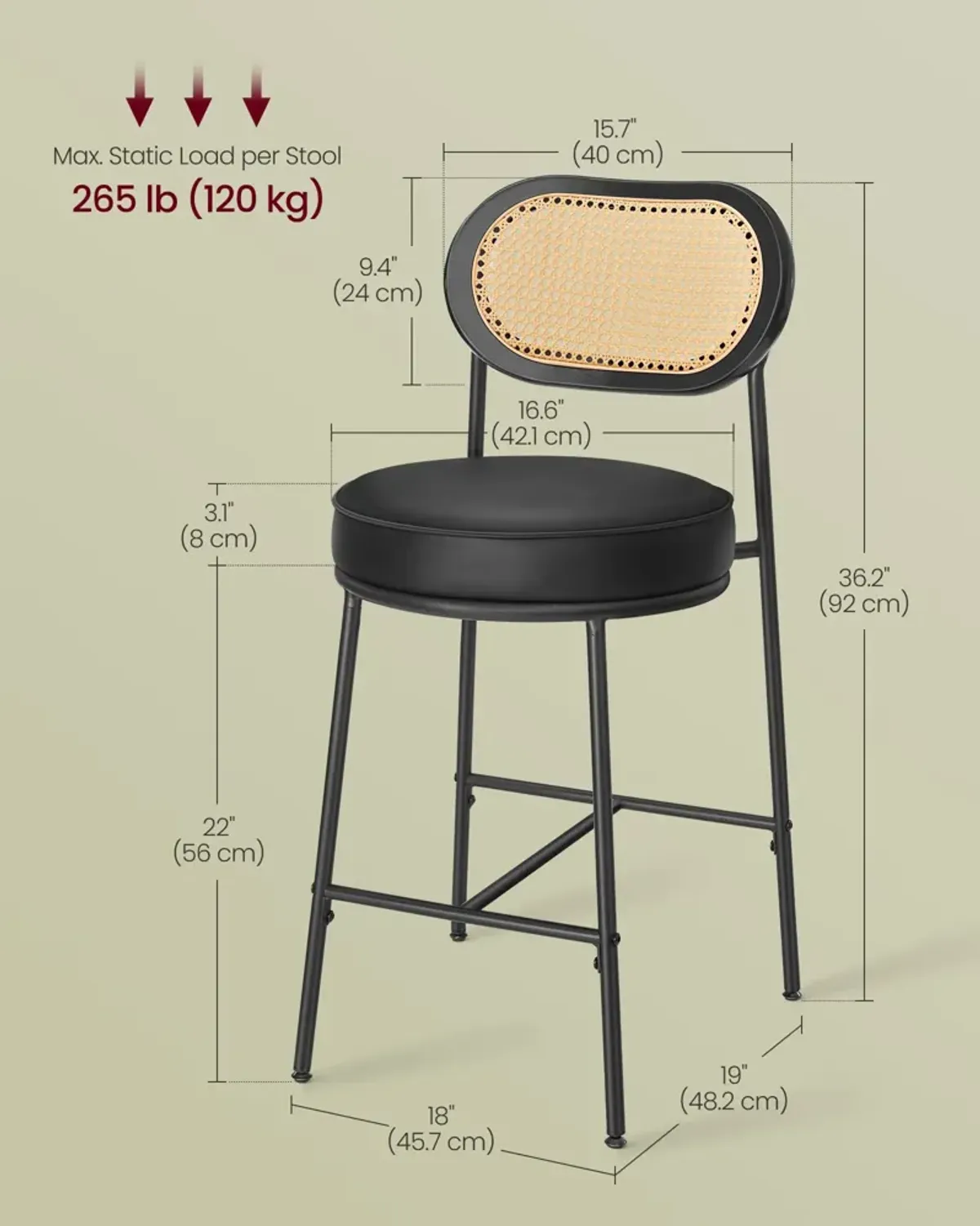 Bar Stools Set of 2, Counter Height Bar Stool with PE Rattan