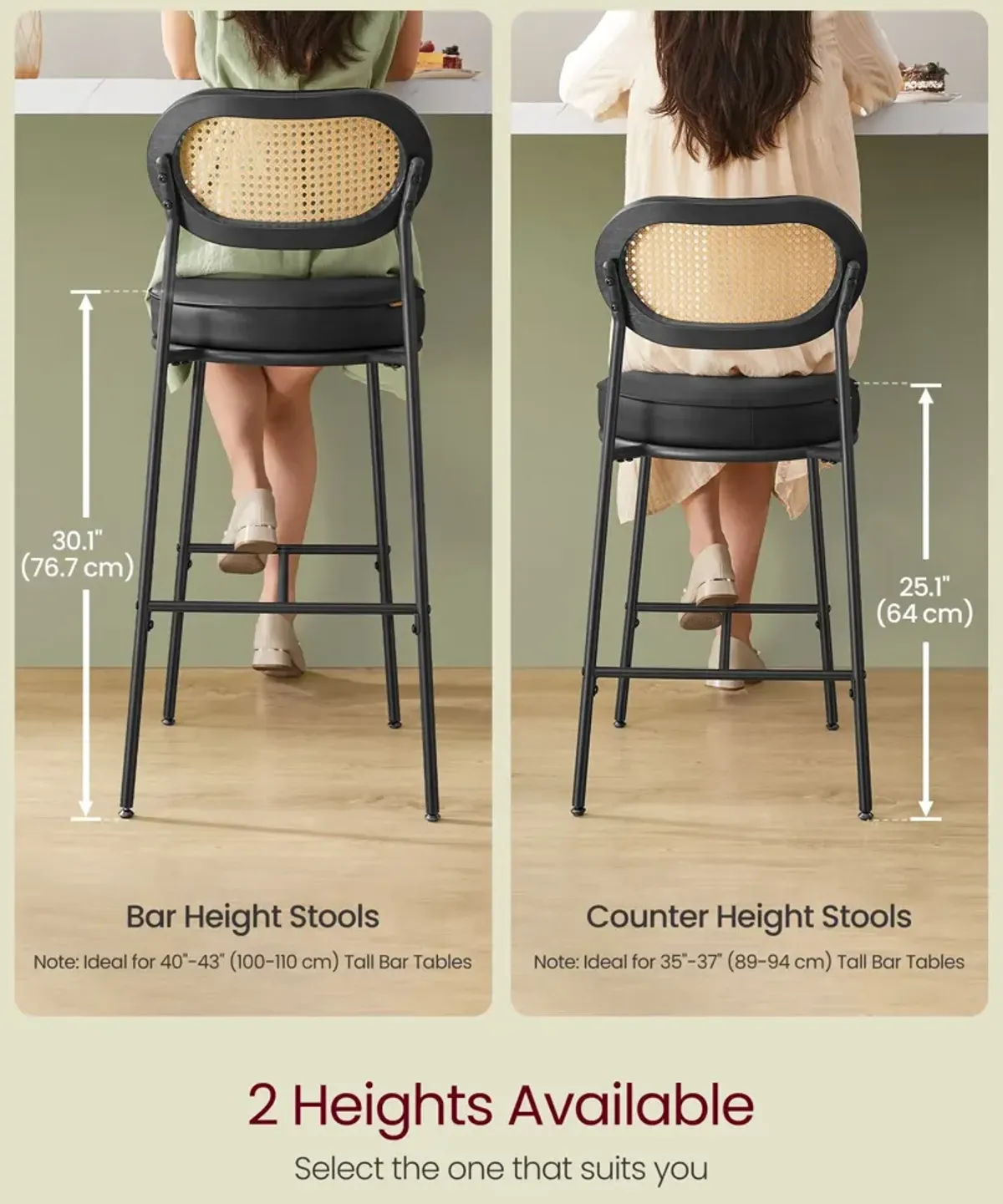 Bar Stools Set of 2, Counter Height Bar Stool with PE Rattan