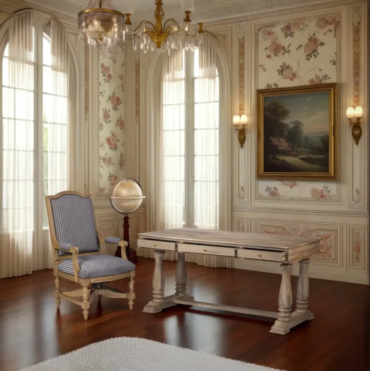 Aurice Writing Desk with Classic Turned Legs 59 Inch, Farmhouse Antique Graywash Mango Wood