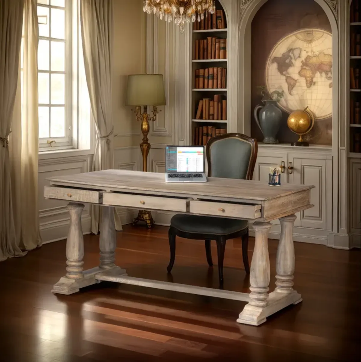 Aurice Writing Desk with Classic Turned Legs 59 Inch, Farmhouse Antique Graywash Mango Wood