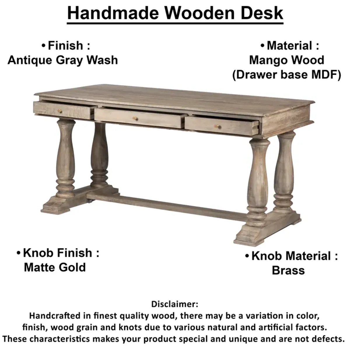 Aurice Writing Desk with Classic Turned Legs 59 Inch, Farmhouse Antique Graywash Mango Wood
