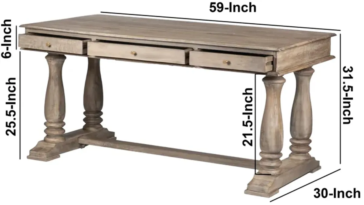 Aurice Writing Desk with Classic Turned Legs 59 Inch, Farmhouse Antique Graywash Mango Wood