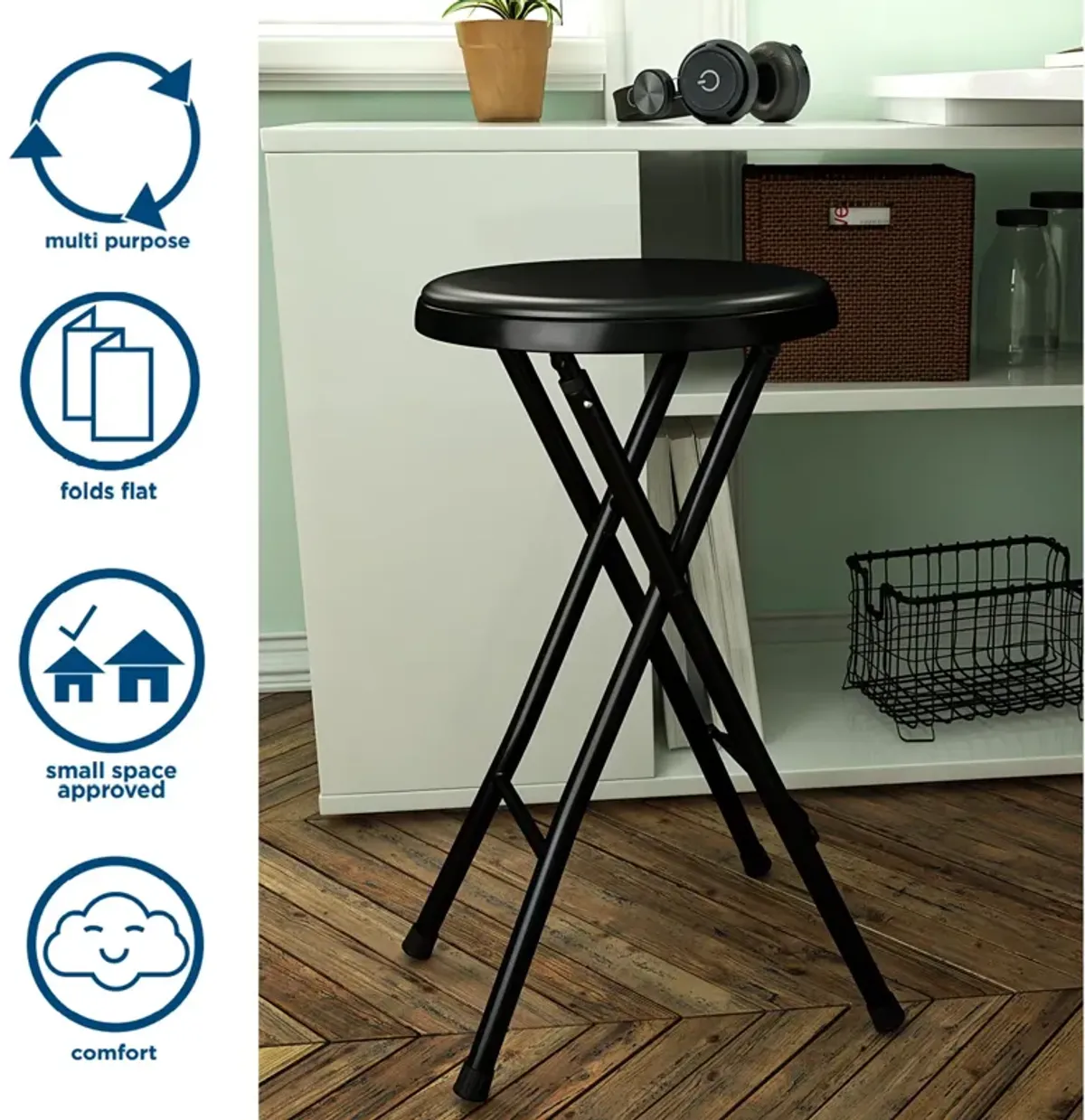 COSCO 24" Backless Vinyl Padded Folding Stools, 4-Pack, Black