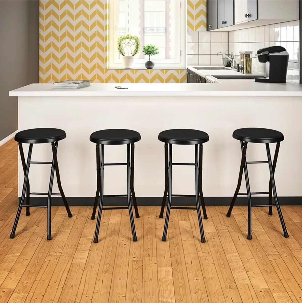 COSCO 24" Backless Vinyl Padded Folding Stools, 4-Pack, Black