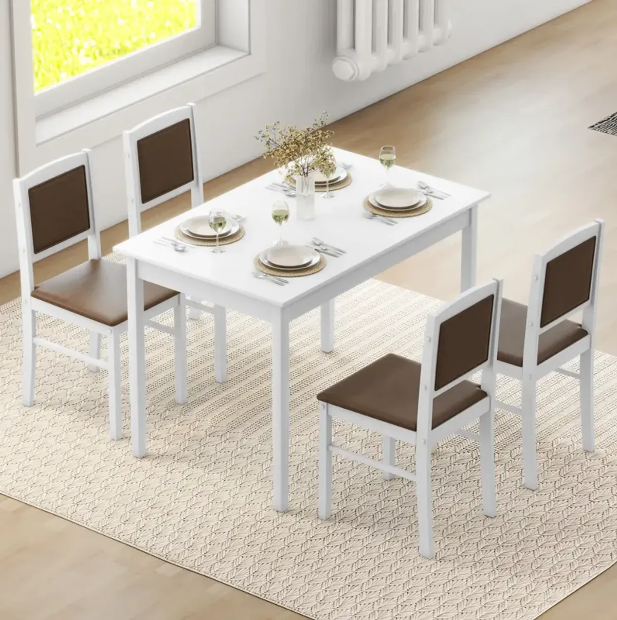 5-Piece Dining Set for 4 with Rubber Wood Legs for Small Dining Room