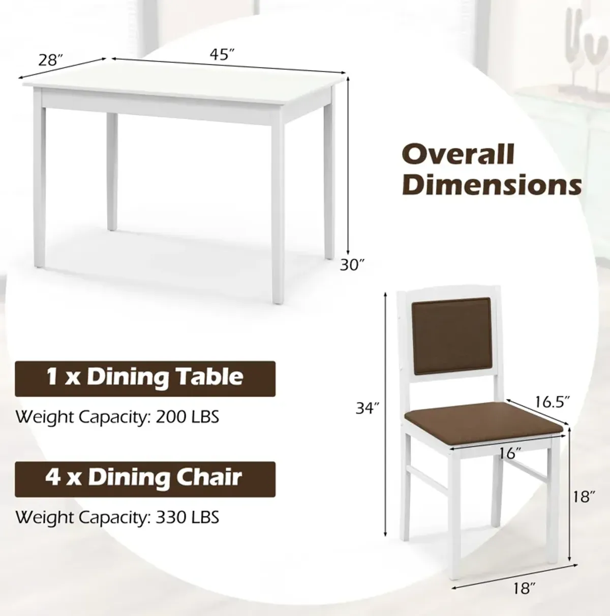 5-Piece Dining Set for 4 with Rubber Wood Legs for Small Dining Room