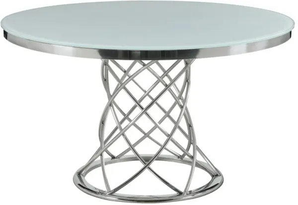 51 Inch Dining Table, Geometric Metal Base, Round Glass Top, White, Silver - Benzara