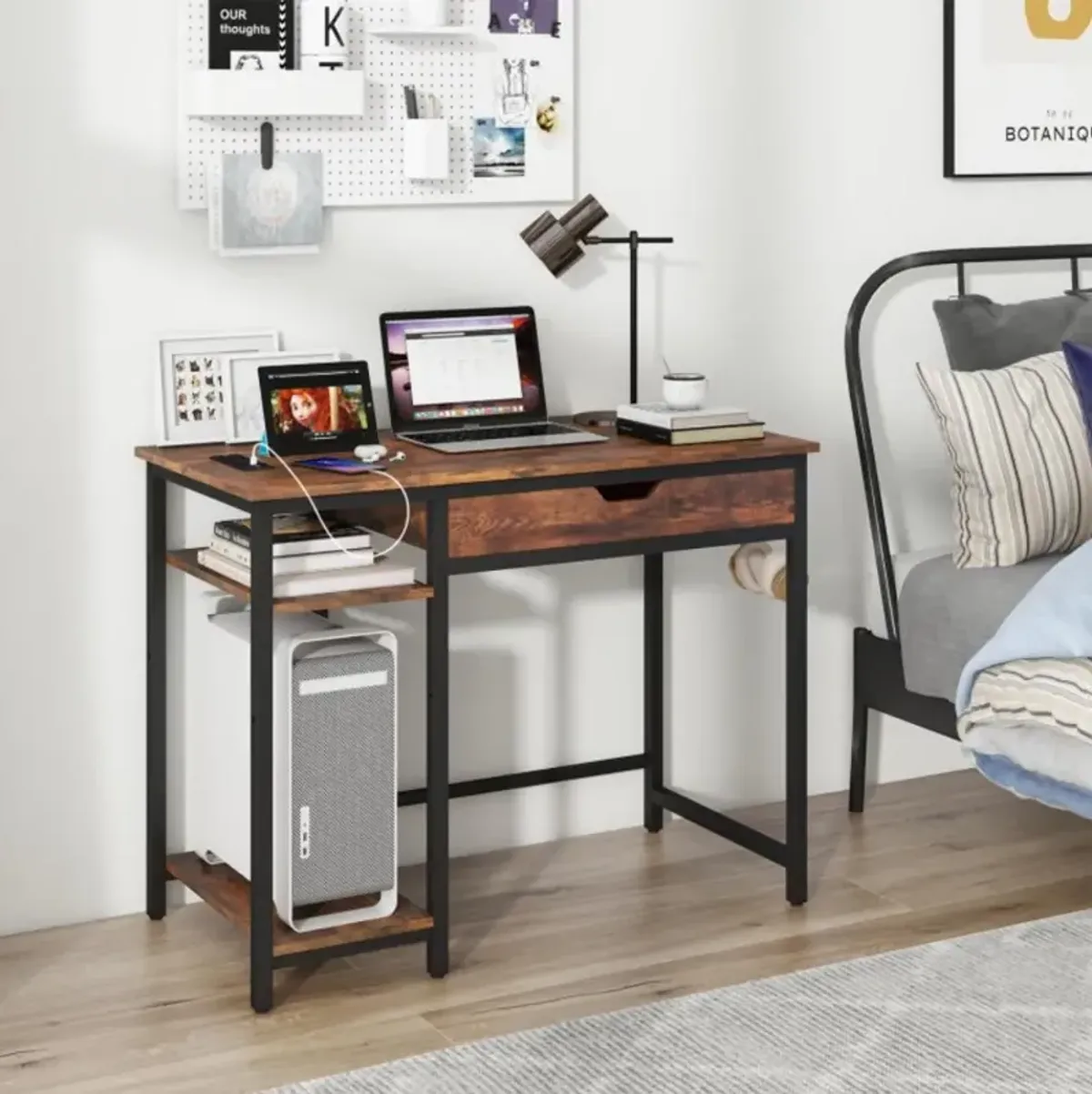 Hivvago Computer Desk with Charging Station and Drawer & Adjustable Shelf