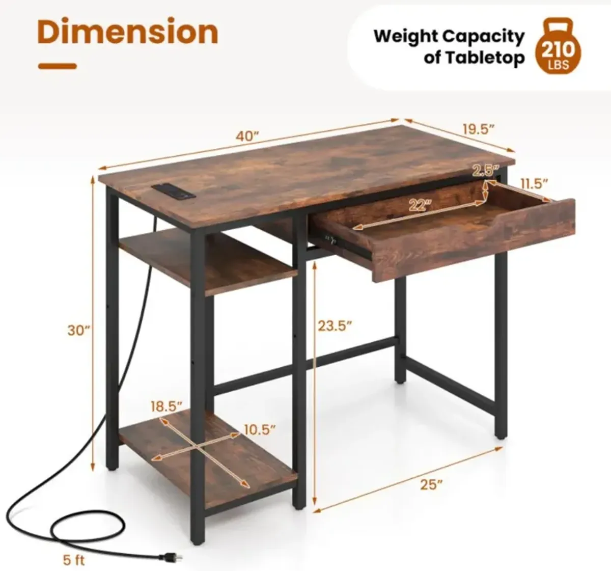 Hivvago Computer Desk with Charging Station and Drawer & Adjustable Shelf