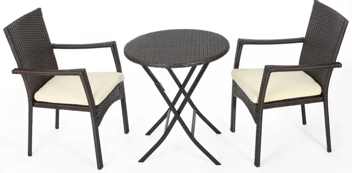 Elie Outdoor Bistro Table Set with 2 Chairs, Brown PE Rattan Wicker - Benzara