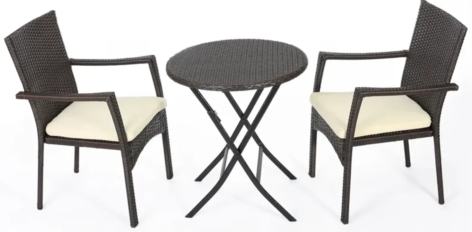 Elie Outdoor Bistro Table Set with 2 Chairs, Brown PE Rattan Wicker - Benzara