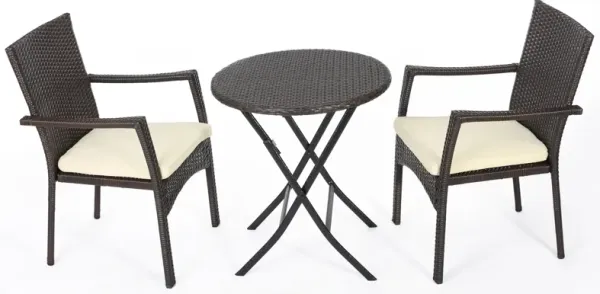 Elie Outdoor Bistro Table Set with 2 Chairs, Brown PE Rattan Wicker - Benzara