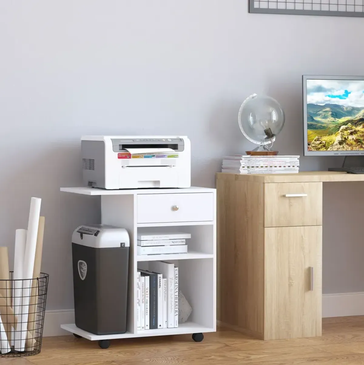 White Printer Station: Rolling Stand with Adjustable Shelf and Drawer