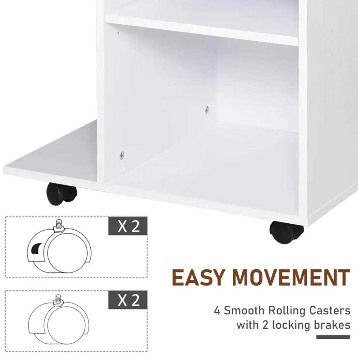 White Printer Station: Rolling Stand with Adjustable Shelf and Drawer