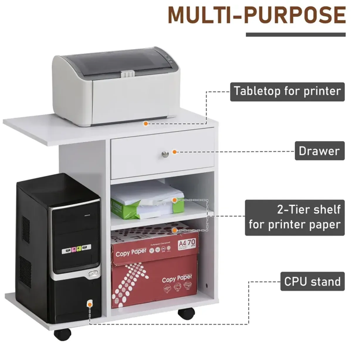 White Printer Station: Rolling Stand with Adjustable Shelf and Drawer