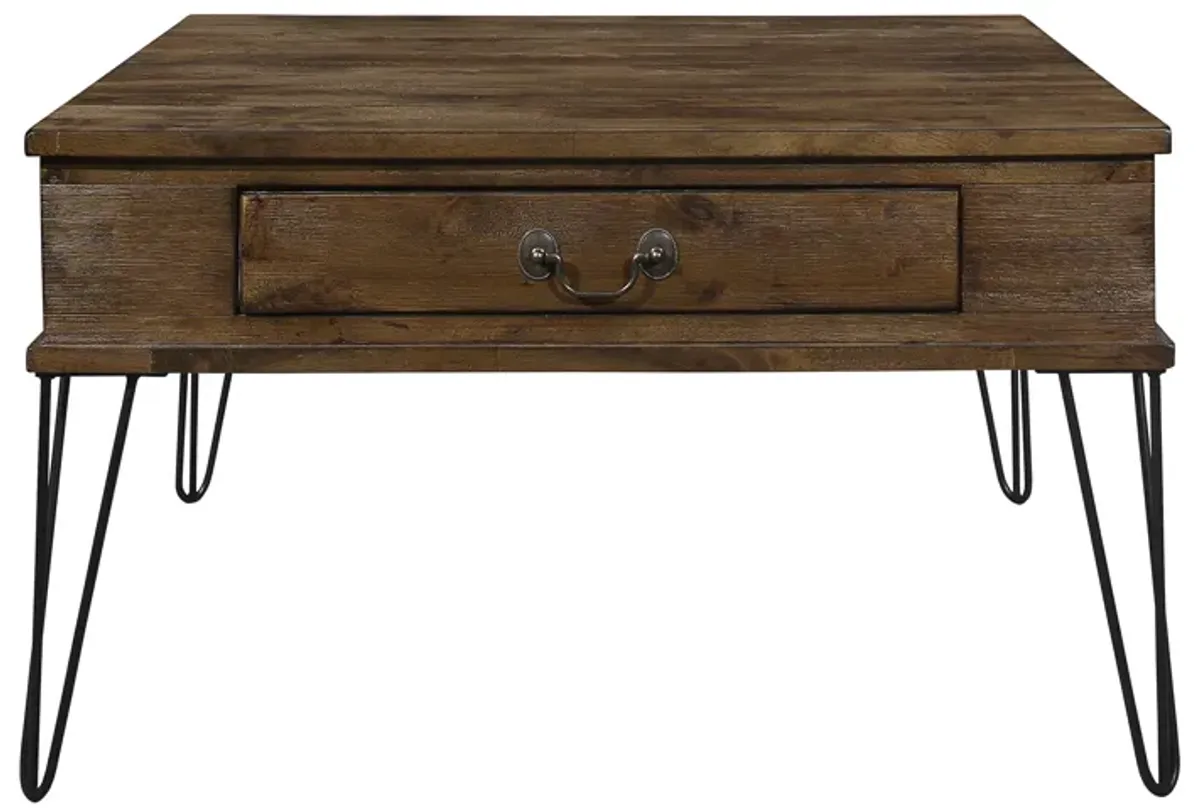 Itti 32 Inch Square Cocktail Coffee Table, 2 Drawers, Brown Wood, Black - Benzara