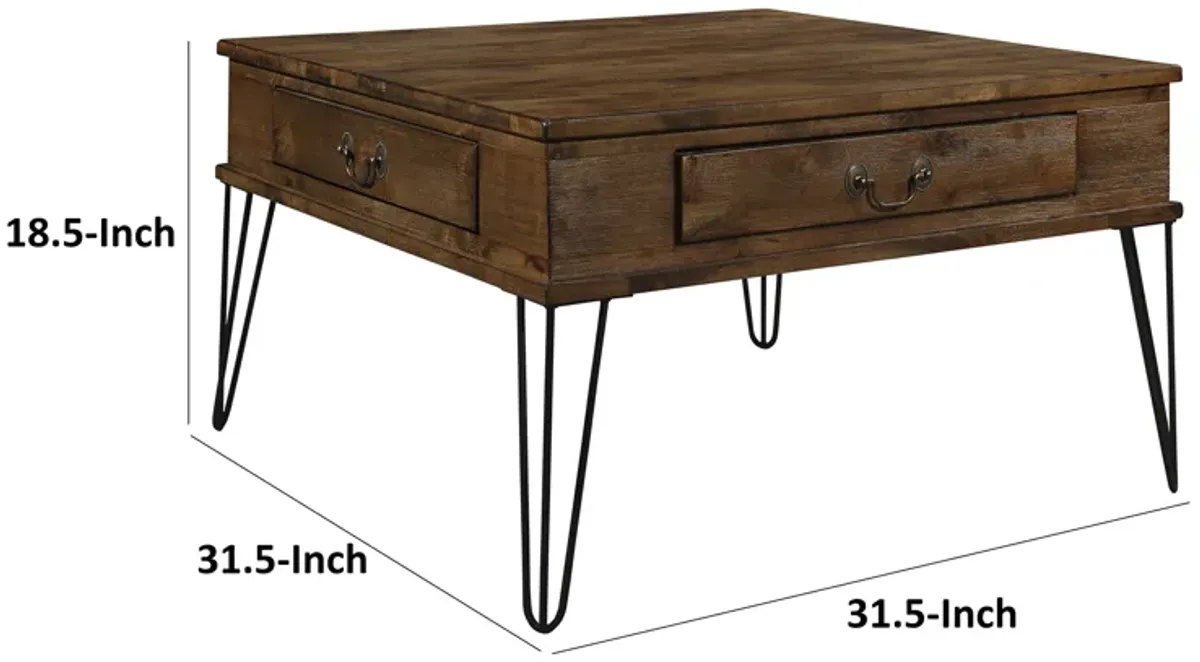 Itti 32 Inch Square Cocktail Coffee Table, 2 Drawers, Brown Wood, Black - Benzara