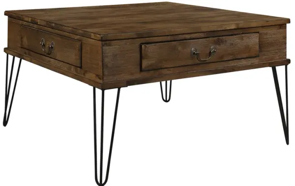 Itti 32 Inch Square Cocktail Coffee Table, 2 Drawers, Brown Wood, Black - Benzara