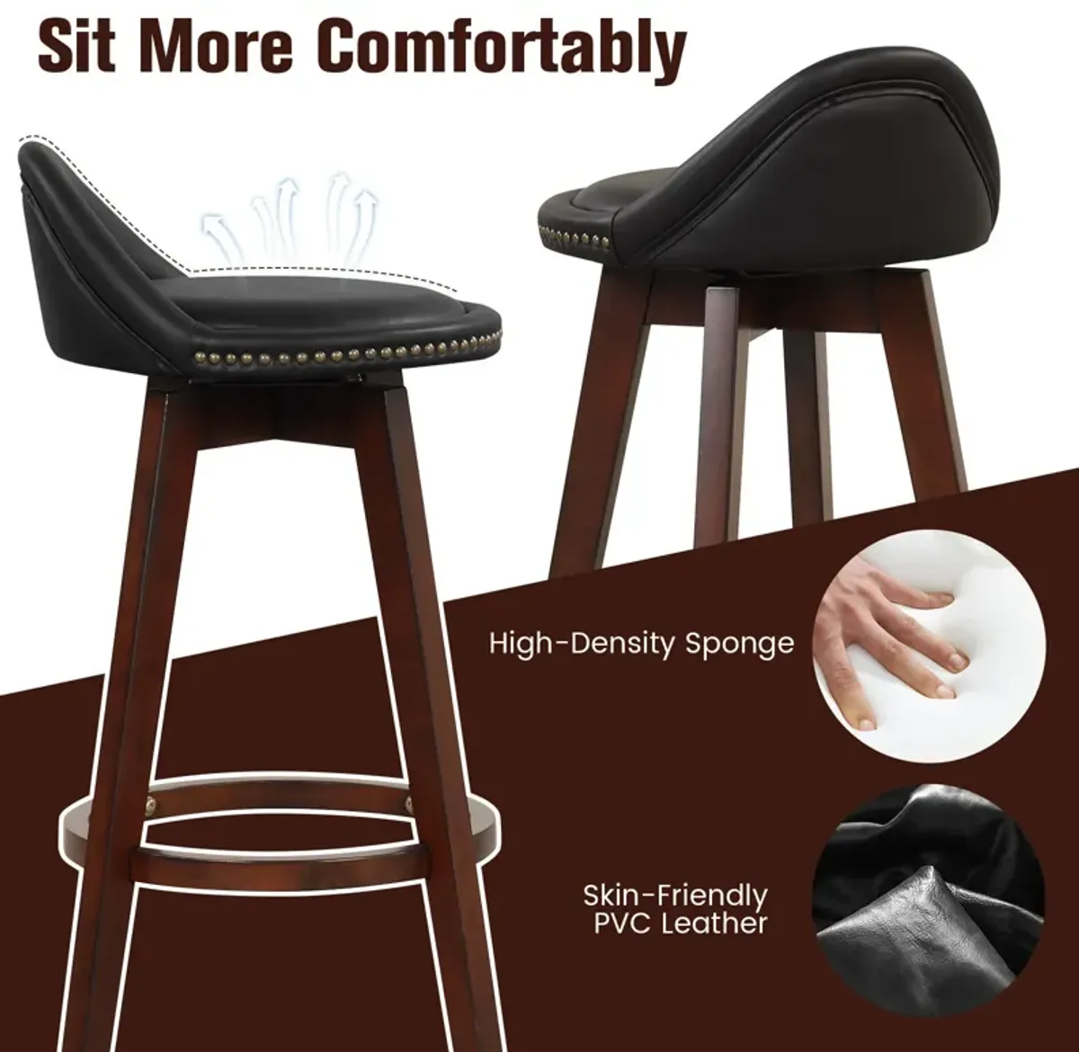 2 Pieces Cushioned Swivel Bar Stool Set with Low Back-Black