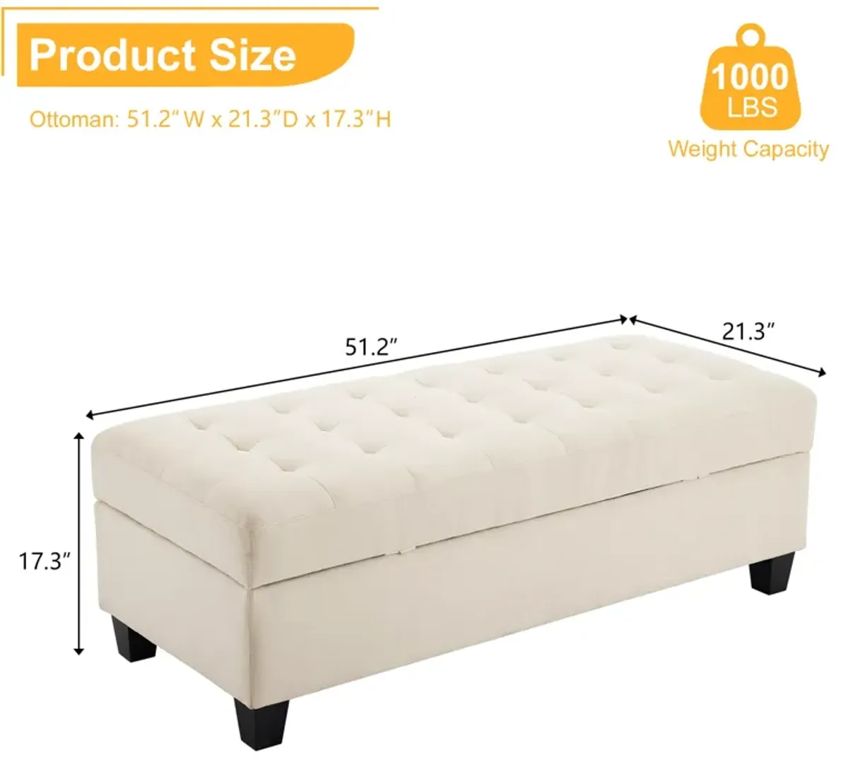 Large Tufted Storage Ottoman Bench for Bedroom Entryway or Living Room