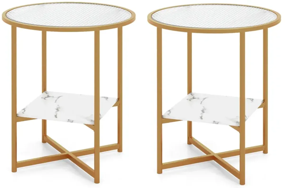 2-Tier Glass End Table Set of 2 with Faux Marble Storage Shelf - White