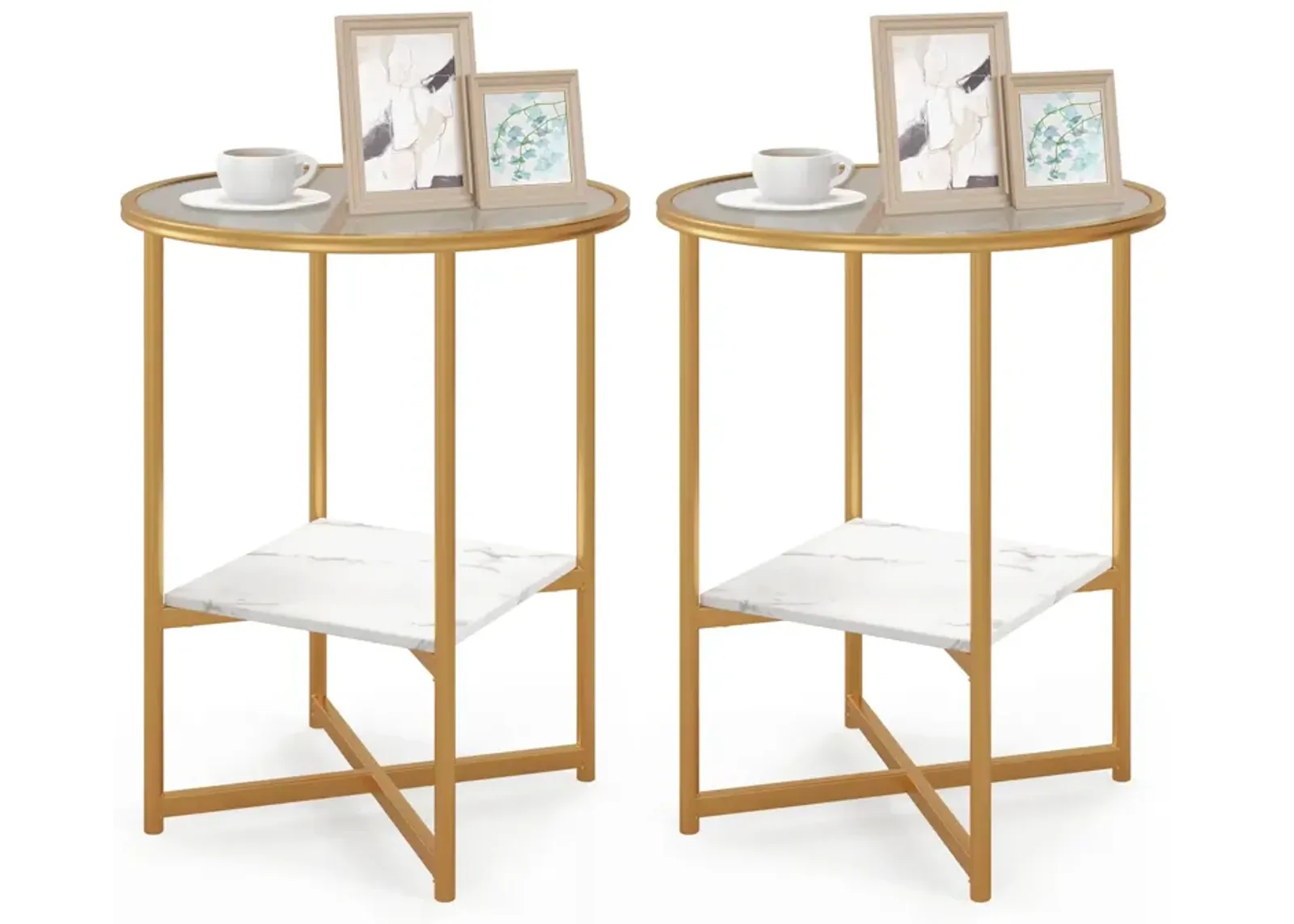 2-Tier Glass End Table Set of 2 with Faux Marble Storage Shelf - White