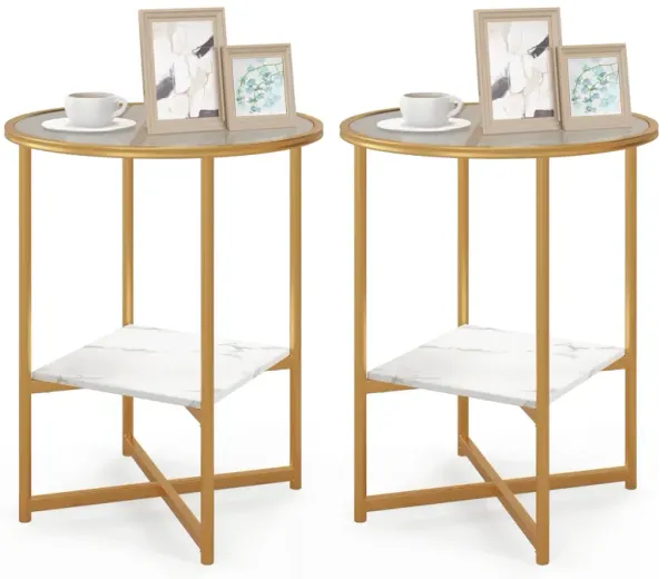 2-Tier Glass End Table Set of 2 with Faux Marble Storage Shelf - White