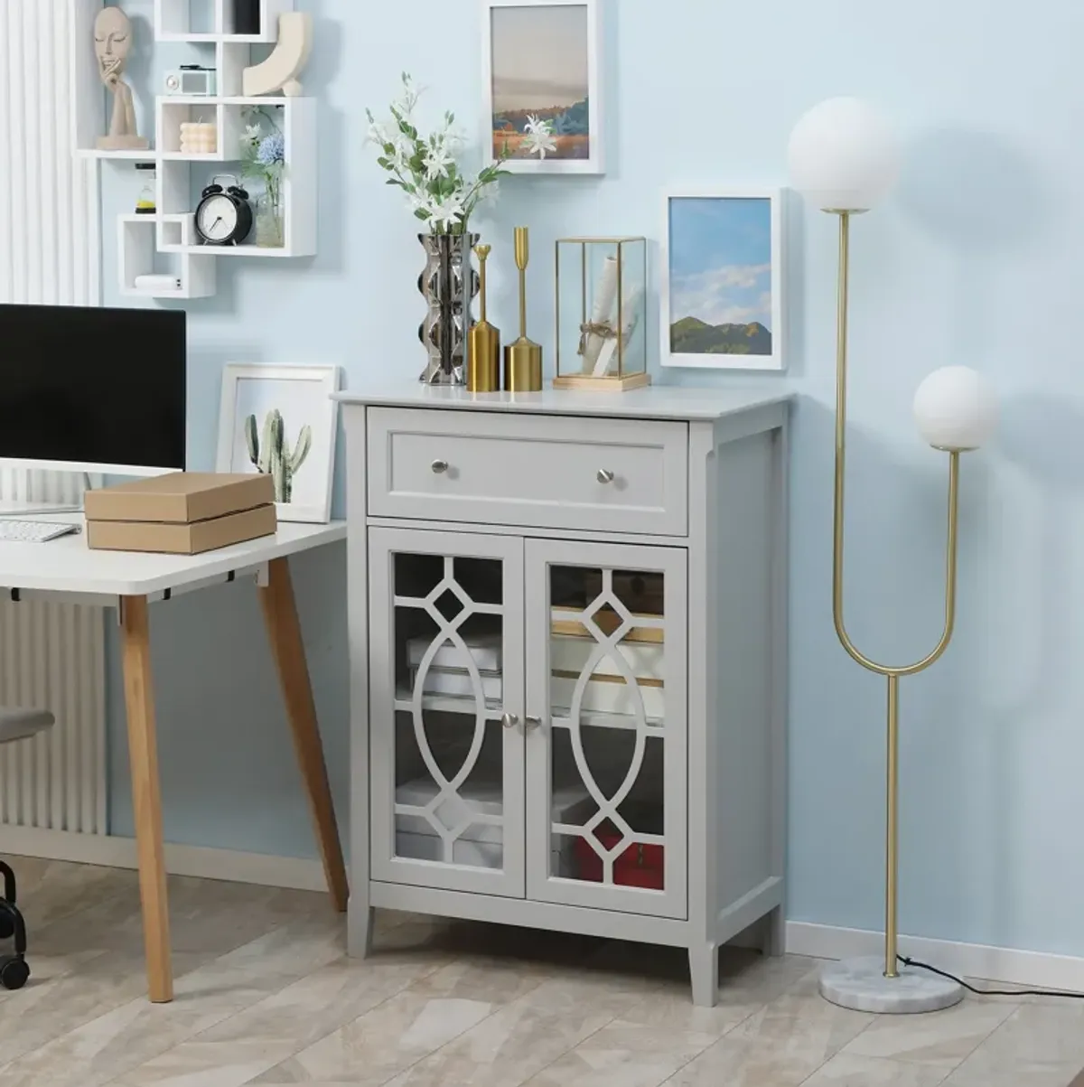 Light Gray Sideboard: Kitchen Cabinet with Glass Doors and Drawer