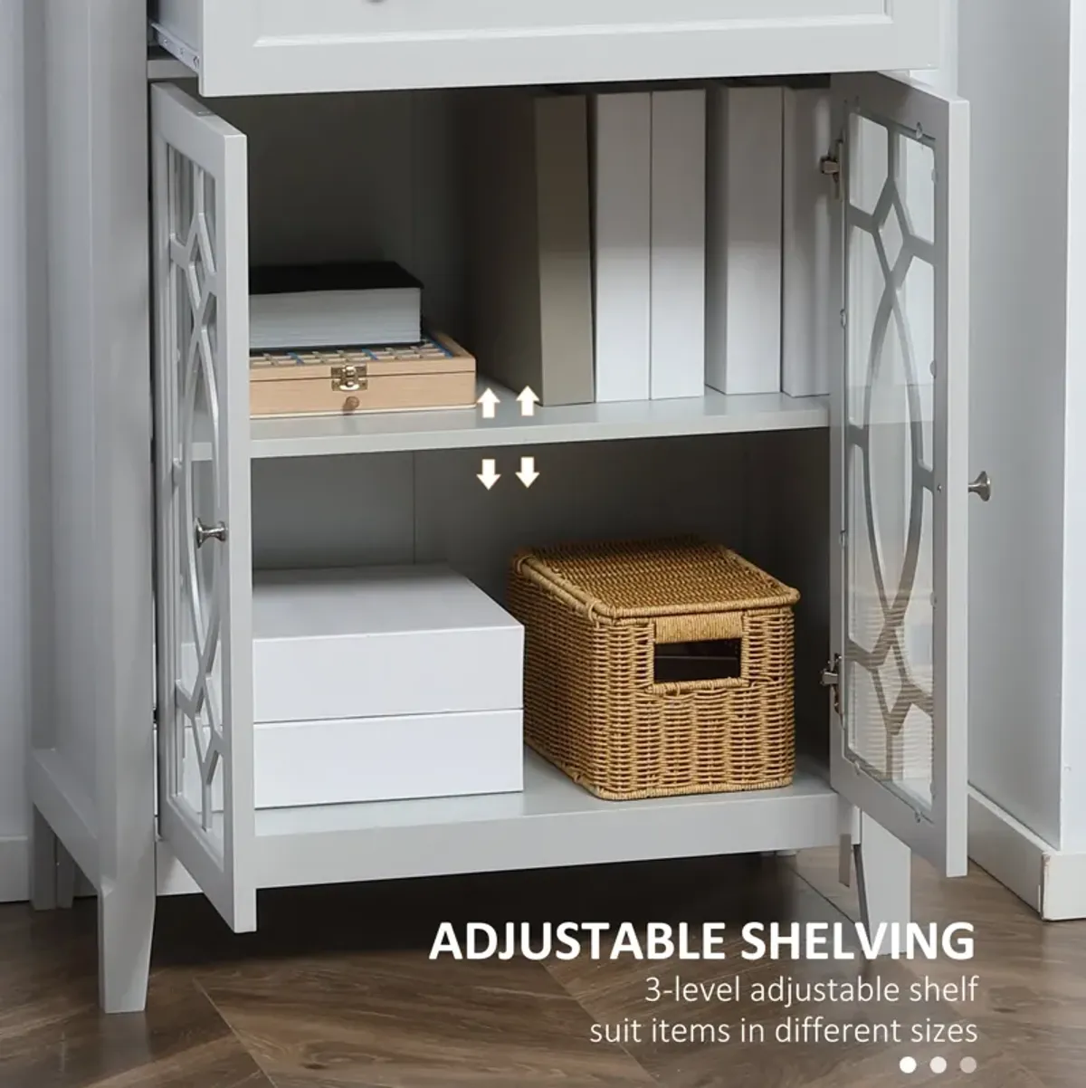 Light Gray Sideboard: Kitchen Cabinet with Glass Doors and Drawer