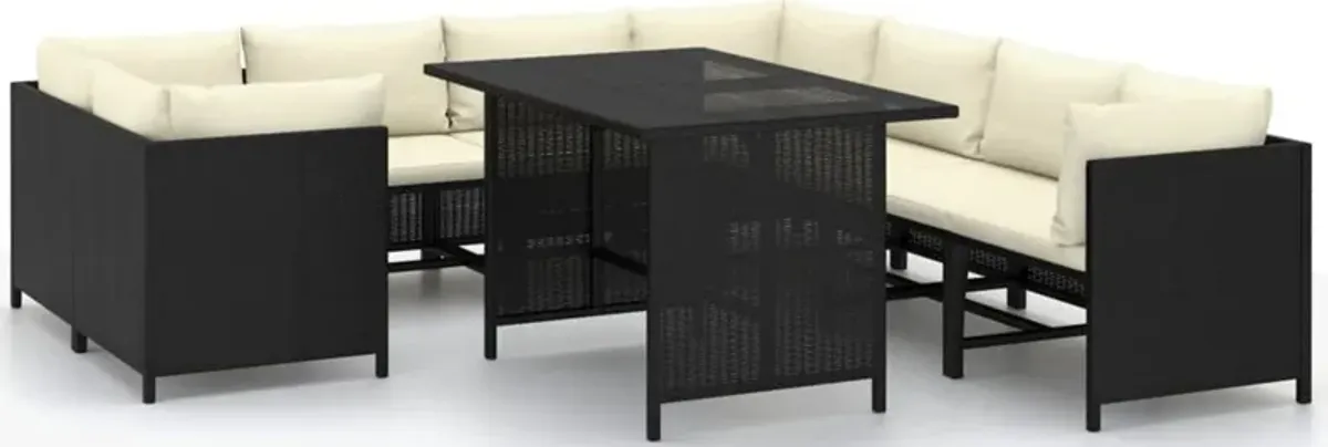 Nilo 9pc Outdoor Modular Corner Sofa Set w Dining Table, Black Rattan - Benzara